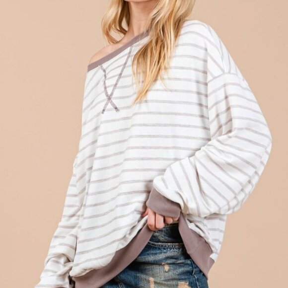 Mocha Striped Round Neck Drop Shoulder Sweatshirt - Picture 4 of 4